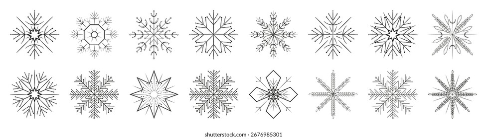 Iconos de conjunto de copos de nieve. Colección de silueta de cristal en escamas. Feliz año nuevo, Navidad, Navidad. Nieve, vacaciones, Clima frío, heladas. Elementos de diseño de invierno. 