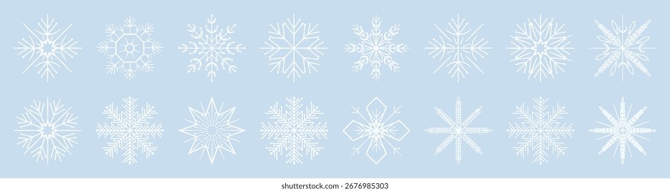 Iconos de conjunto de copos de nieve. Colección de silueta de cristal en escamas. Feliz año nuevo, Navidad, Navidad. Nieve, vacaciones, Clima frío, heladas. Elementos de diseño de invierno. 