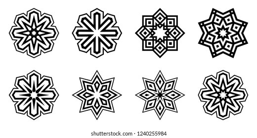 Snowflakes set. Isolated on white background. Flat snow icons, silhouette. Geometric design elements for Christmas decoration. Crystal, ice  elements. Vector monochrome illustration.