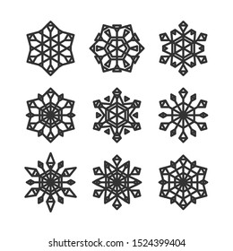 Snowflakes Set isolated on white background. Geometric circle and hexagonal shapes. Linear vector illustration.