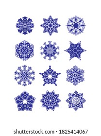 Snowflakes set isolated on white background. Flat snow icons, silhouette. Cute elements for Christmas invitation, banner, cards. New year ornament.