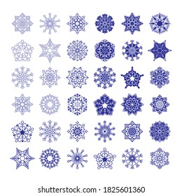 Snowflakes set isolated on white background. Flat snow icons, snowflake silhouette. Cute elements for Christmas invitation, banner, cards. New year ornament.