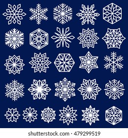 Snowflakes Set. Line design snow flakes, isolated on blue background. Vector Christmas decoration for greeting card, winter sales banner. New Years design elements collection.