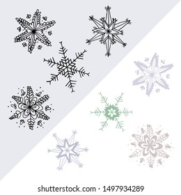 Snowflakes Set. Linear and colored snowflakes hand drawn collection. Design elements for winter illustration. 1