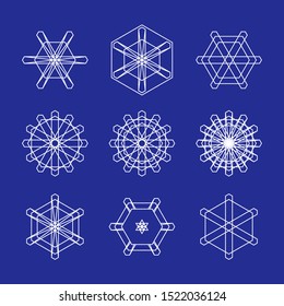Snowflakes set. Linear shapes, Geometric Hexagonal Crystals.