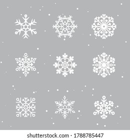 Snowflakes set. Many white cold flake elements on transparent background. White snowflakes flying in the air. Snow flakes