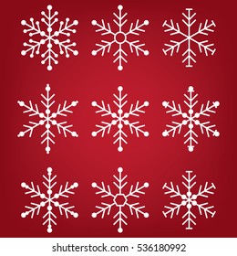 Snowflakes set on red background. Vector illustration