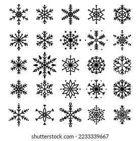 Snowflakes set on white background. Christmas and New year design elements. Winter flat decorations. Frozen symbol. Vector illustration.