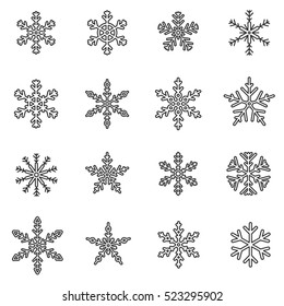 Schneeflocken-Set. Schneemuster, dünne Linienführung. Sammlung linearer Symbole. verschiedene Formen, einzelne Vektorgrafik. Eiskristall