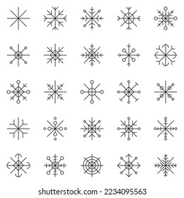 Schneeflocken-Set. Primitive geometrische Formen. Schwarz-Weiß-Zeichnung