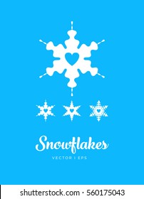 Snowflakes set, romantic heart shape, blue and white.