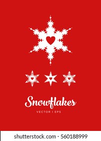Snowflakes set, romantic heart shape, red and white.