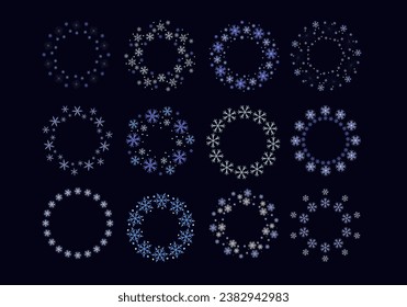 Snowflakes set, round frame. Winter, Christmas pattern, decoration, wreath of ice flakes. A lace ring of delicate snowflakes to decorate a banner, congratulations, greetings. Vector illustration.