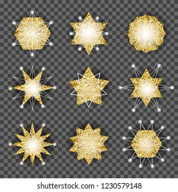 Snowflakes set. Shining winter decor. Golden stars and lights, glowing holiday decoration. Vector design elements isolated on transparent background.