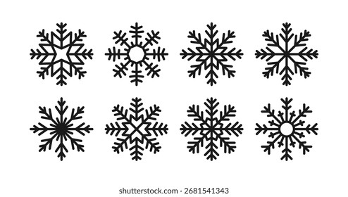 Snowflakes set. Snow flakes, winter crystal ornament with pattern, shape. Snowy decoration silhouettes, Christmas decor. Seasonal design element. Flat vector illustrations isolated on white background
