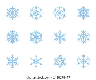 Snowflakes set. Snowflake icon on white background. Blue doodle snow vector illustration