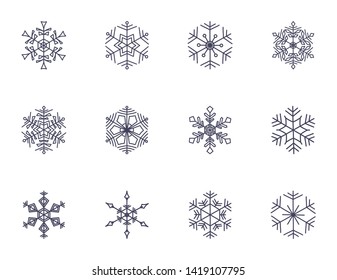 Snowflakes set. Snowflake icon on white background. Cute doodle ink snow icons vector illustration