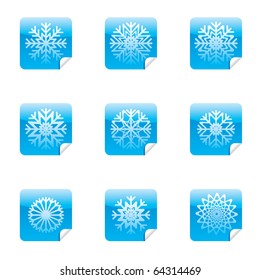 Snowflakes set of square glossy stickers with corner.