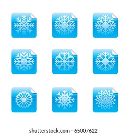 Snowflakes set of square glossy stickers with corner.