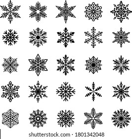 Copos de nieve. Conjunto de copos de nieve variados. Elemento de diseño para Navidad, Año Nuevo y Vacaciones de Invierno. Silueta negra. Aislado. Vector