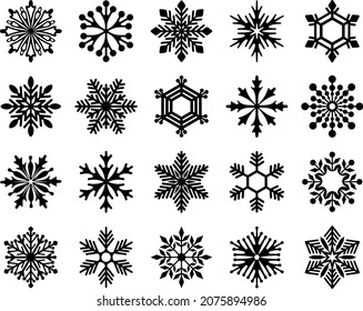 Schneeflocken. Eine Reihe verschiedener Schneeflocken. Design-Element für Weihnachten, Neujahr und Winterferien. Einzeln schwarze Silhouette. Vektorgrafik