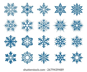 Copos de nieve. Conjunto de copos de nieve variados. Elemento de diseño para Navidades, Nuevos años y vacaciones de invierno. Silueta azul aislada sobre fondo blanco. Ilustración vectorial