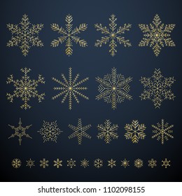 Snowflakes set vector illustration. Christmas winter holiday ornament decoration design. Golden color.
