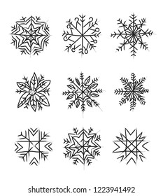 Snowflakes. Set of vector images. Hand drawing by brush.