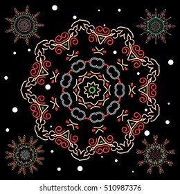 Snowflakes set. Vector sketch with beige and red snowflakes on black background.