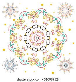 Snowflakes set. Vector sketch with green and yellow snowflakes on white background.