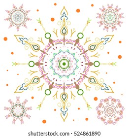 Snowflakes set. Vector sketch with green snowflakes on white background.