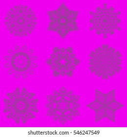 Snowflakes set. Vector sketch with snowflakes on a magenta background.