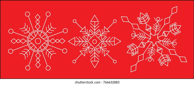 Snowflakes set vector. White on the red background.