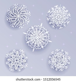 Snowflakes set in Volume 3d style on white silver background. Ice crystal with shadows. Vector winter design element for you Christmas and New Year's projects.
