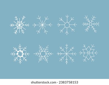 Schneeflocken-Set. weiße Schneeflocken auf blauem Hintergrund. Schneeflocken-Doodle. Vektorgrafik