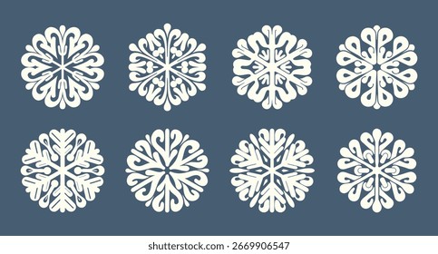 Snowflakes set. White snowflakes on blue background. Winter decorations.