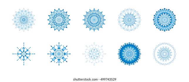 Snowflakes, set of winter Christmas time graphic element, color vector illustrations folr backgrounds, decorations, ornaments