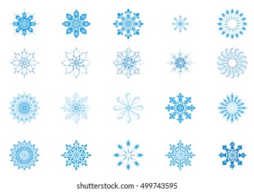 Snowflakes, set of winter Christmas time graphic element, color vector illustrations for backgrounds, decorations, ornaments