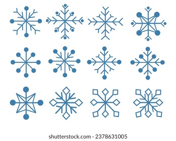 Snowflakes set. Winter collection of blue isolated twelve icons on white background. Vector flat illustration.