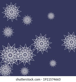 Snowflakes Sharp Luxury Print White Sky Background. Chaotic Silver Metalic Stars Mandala Design Pic. New Year Purple Violet Grey Winter Pattern. Mystery Cold Dark Christmas Night Composition.