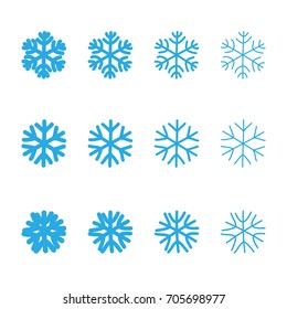 Snowflakes signs set. Blue Snowflake icons isolated on white background. Snow flake silhouettes. Symbol of snow, holiday, cold weather, frost. Winter design element Vector illustration