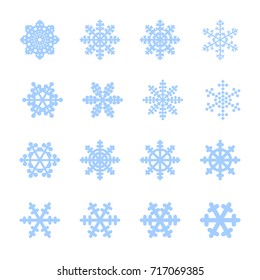 Snowflakes signs set. Blue Snowflake icons isolated on white background. Snow flake silhouettes. Symbol of snow, holiday, cold weather, frost. Winter design element Vector illustration