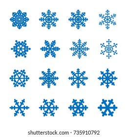 Snowflakes signs set. Blue Snowflake icons isolated on white background. Snow flake silhouettes. Symbol of snow, holiday, cold weather, frost. Winter design element Vector illustration