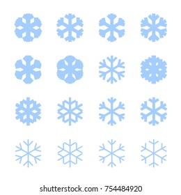 Snowflakes signs set. Blue Snowflake icons isolated on white background. Snow flake silhouettes. Symbol of snow, holiday, cold weather, frost. Winter design element Vector illustration