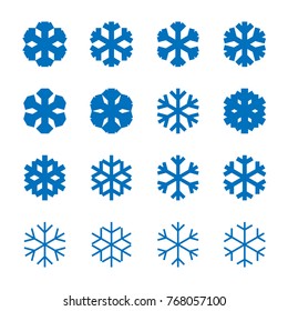 Snowflakes signs set. Blue Snowflake icons isolated on white background. Snow flake silhouettes. Symbol of snow, holiday, cold weather, frost. Winter design element Vector illustration