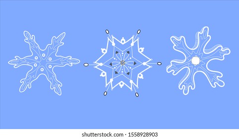 Snowflakes silhouettes. Cute snowflakes collection isolated on background. Flat snow icons, snow flakes silhouette. Nice element for christmas banner, cards. New year ornament.