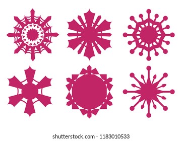 Snowflakes silhouettes, cutout shape, set of snow stars figured flakes red color, Christmas decoration, logotype, freeze sign, beautiful geometric decor, frost technology, logo, icon, symbol, etc.