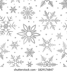 Snowflakes silver glitter. Winter background. Elegant seamless pattern. Marble silver texture. Beautiful delicate snow backdrop. Falling random snowflakes for winter design. Scatter snowflakes. Vector