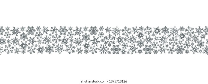 Snowflakes. Silver. Seamless horizontal border. Repeating vector pattern. Isolated colorless background. Endless holiday ornament. Delicate crystal background. Idea for web design, printing.