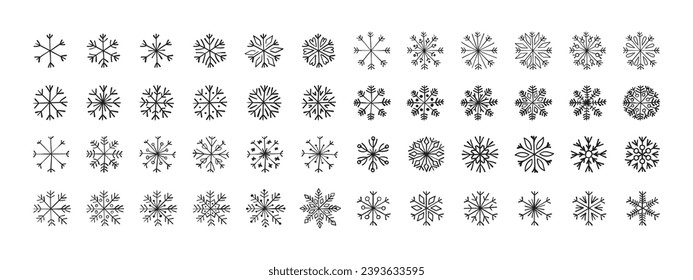 Los copos de nieve esbozan un conjunto grande. Copos de nieve dibujados a mano. Las copas de nieve emiten iconos diferentes. Gráficos escalables para vectores